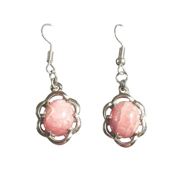 Pink Gemstone Drop Earrings Silver Tone Hook Pierced Dangle Floral Design Handcr - Picture 2 of 4